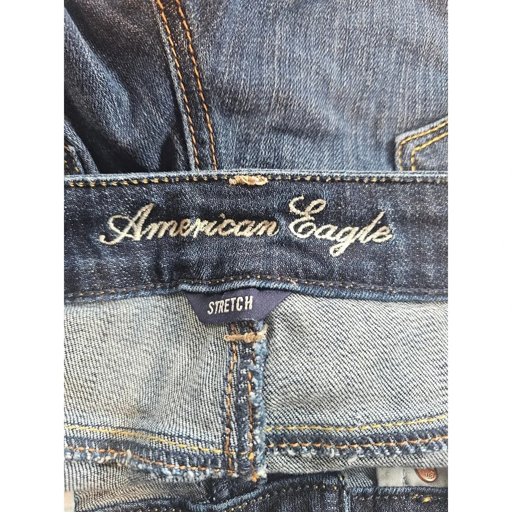 American Eagle Long Denim Shorts Women 12 Dark Wash‎ Raw Hem Stretch